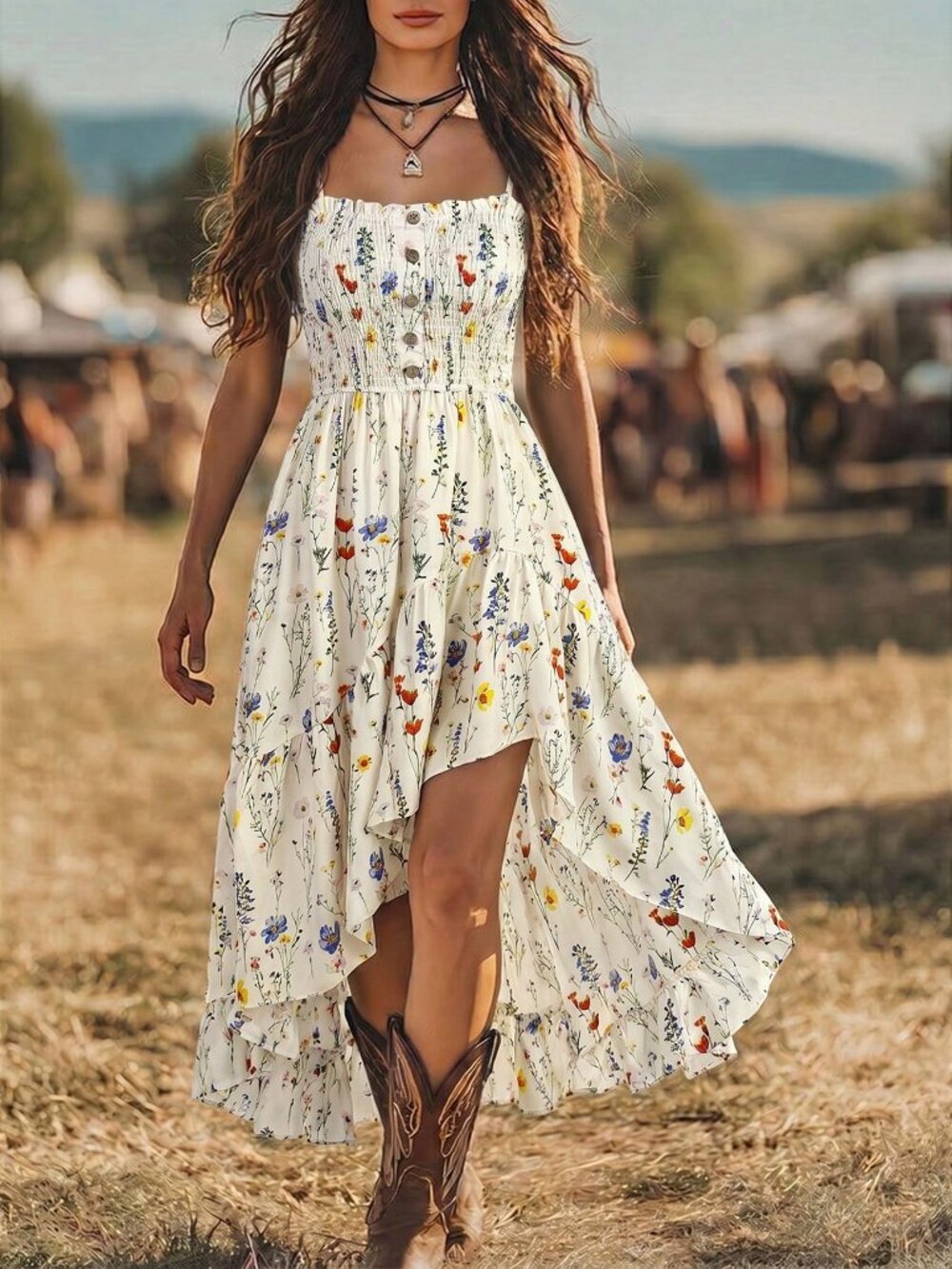 White Boho Women's Casual Floral Print Cinched Waist Midi Dress
